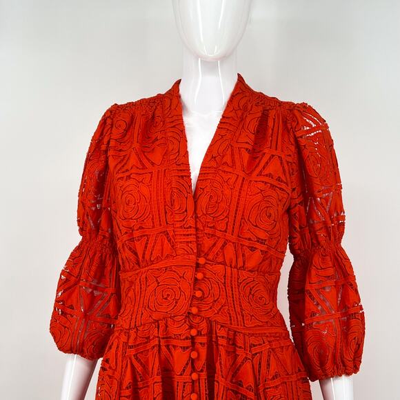 Cult Gaia Willow Guipure Lace Midi Dress Red Madeira Puff Sleeve Size M - Picture 3 of 7